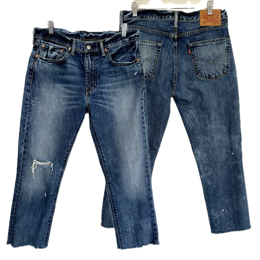 Levi's Womens 511 Cropped Jeans Size 33 Dark Denim Distressed Ripped Mid Rise